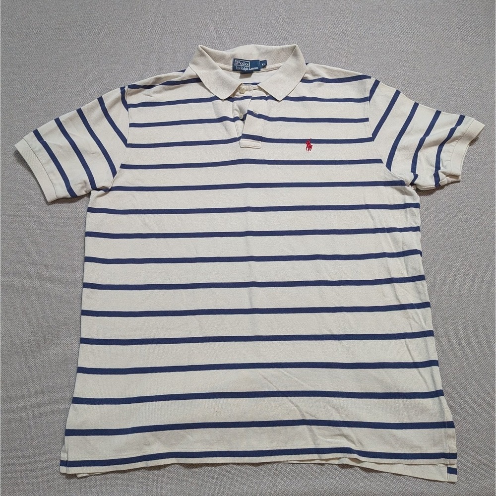 Polo Ralph Lauren Men's XL Cream Navy Stripe Cotton Pique Polo Shirt Pony